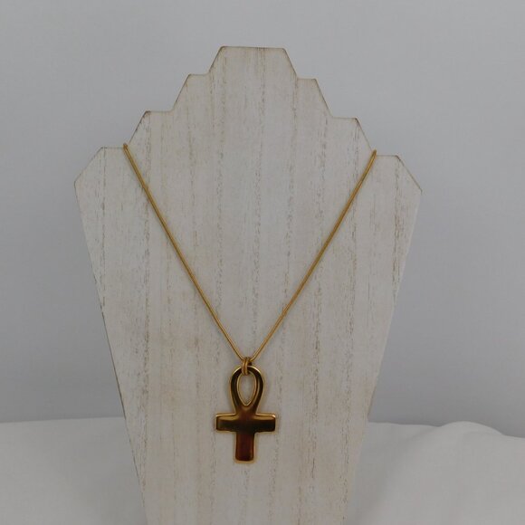 Anne Klein Ankh Necklace Gold Tone Egyptian Key of Life Pendant Long Over 28" - Picture 2 of 7